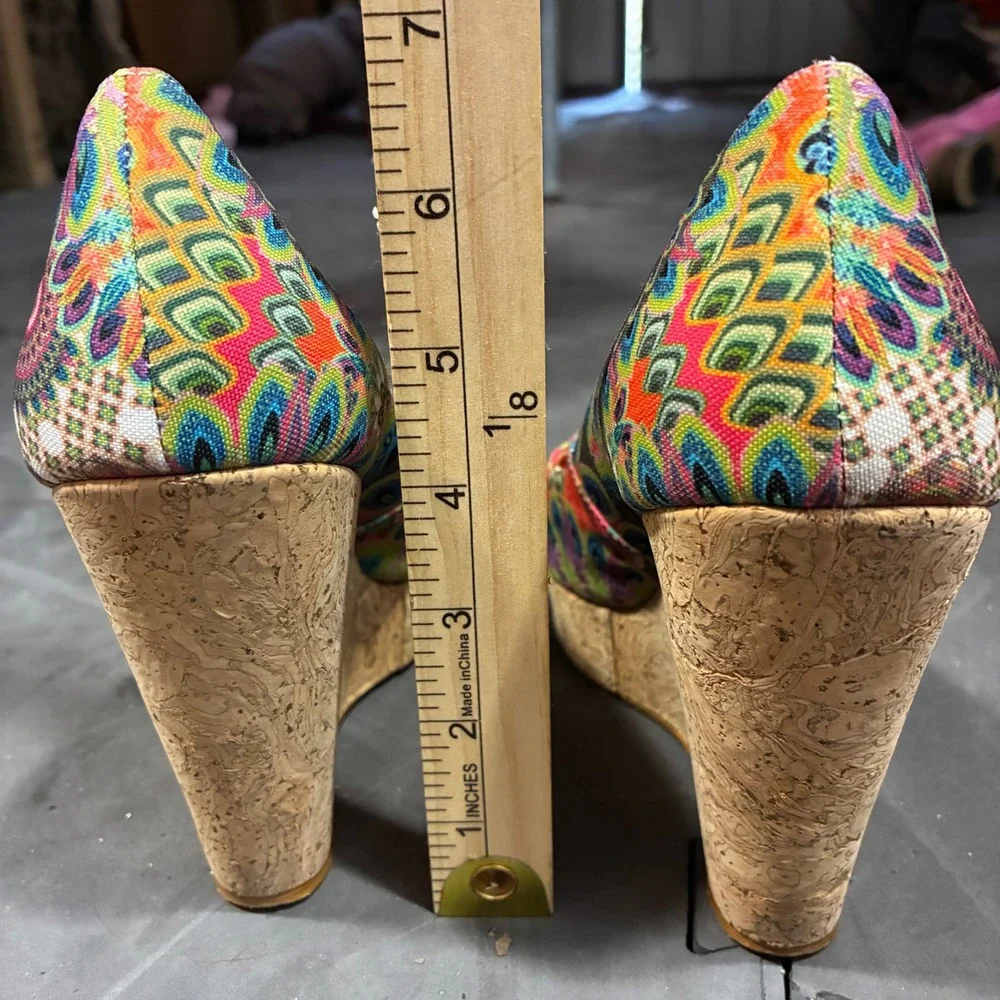 women Desigual Wedge Pumps size 38 Cork Platform Mandala Print Multi Color